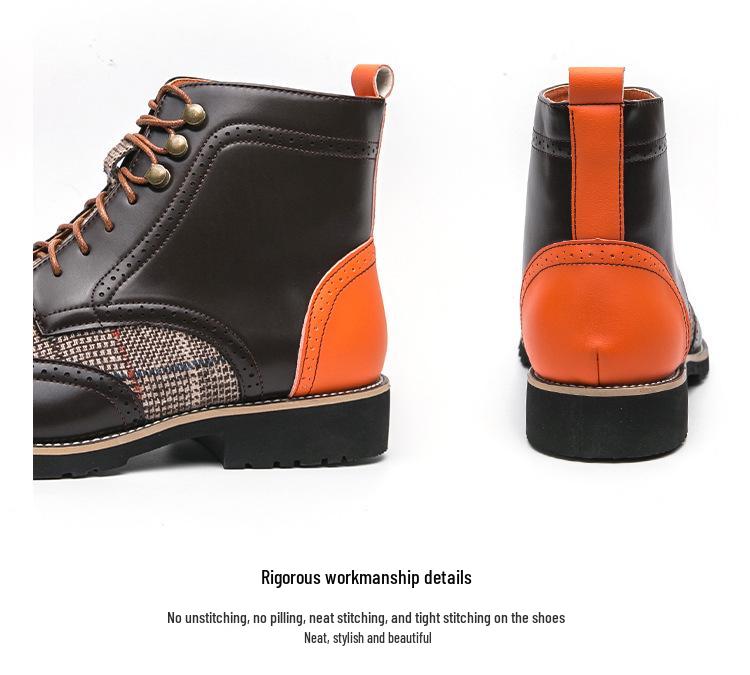 British Men's Mid-High Leather Brogue Boots: Fashionable Retro Business-Casual, Pointed Toe, Height-Increasing.