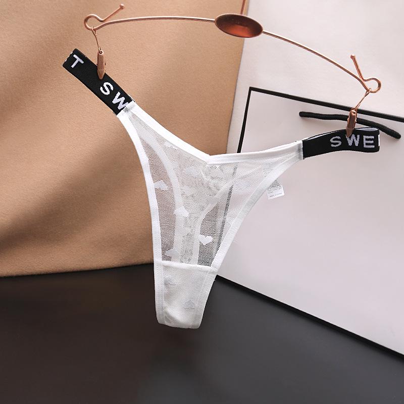Plus Size Low Waist Mesh Thong with Letter Detail