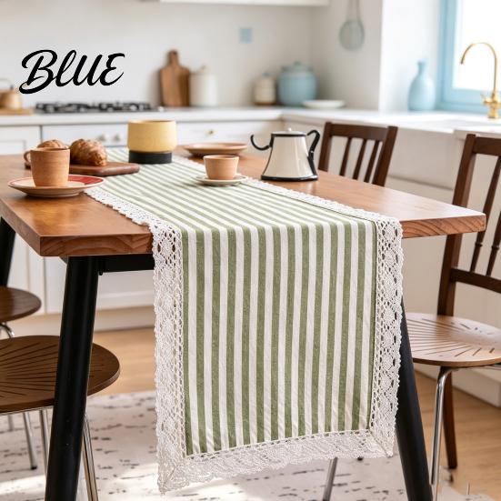 Striped Table Runner Runner Lace Trim Cotton Linen Rustic Farmhouse for Home Dining Decor Tea