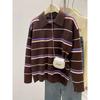 Stylish Retro Olo Lapel Collar Pullover Contrasting Color Striped Knitted Sweater Women's Autumn and Winter New Casual Lazy Style Top