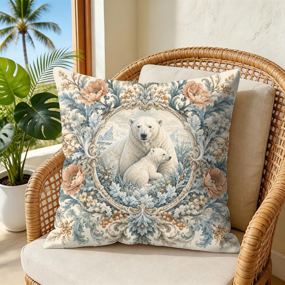 Woodland Botanical Bear And Cub Cushion Cover Double-Sided Plush Sofa Cushion Covers Organic Breathable Invisible Zipper