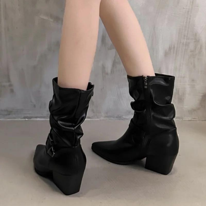 Chelsea Pleated Woman Short Boots Shoes Pointed Toe Winter New Fashion Boots 2025 Trend Women Chunky Punk Motorcycle Botas Pumps