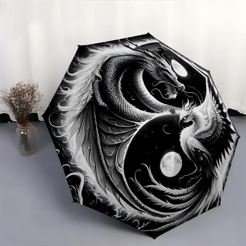 1pc Yin Yang Dragon and Phoenix Automatic Umbrella Design, Cute Cartoon Pattern, Portable Outdoor Umbrella, Perfect A097