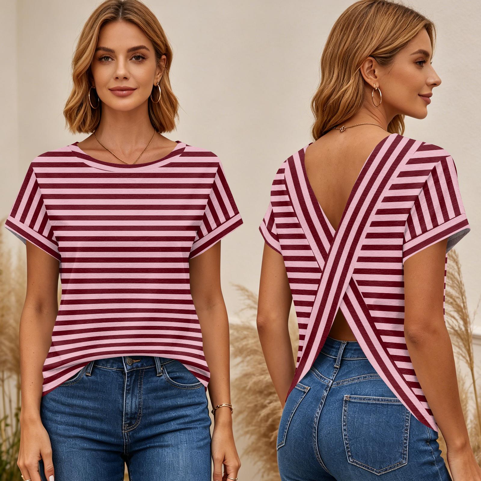 

Women s Short Sleeve Striped Print Top Cross Back Open Back T Shirt Casual Summer Blouse Lightweight Breathable Fabric M