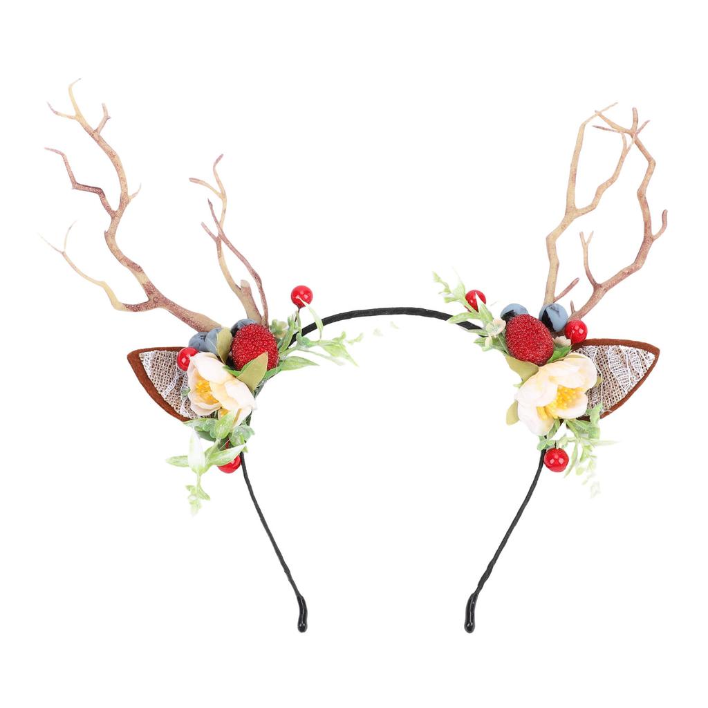 Deer Antler Flower Crown Headband Fairy Flower Reindeer Cosplay Headdress with Lace Ears Blueberry Berry Tree Branch