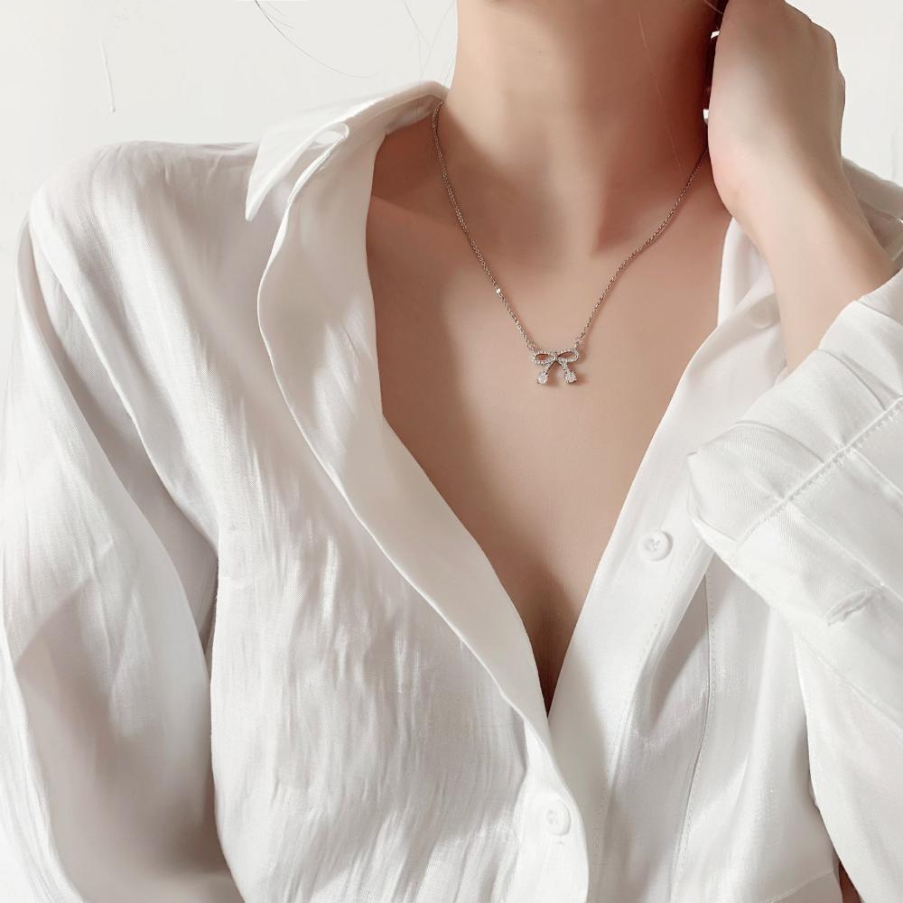 925 Silver Clavicle Necklace Shining Zircon Bowknot Pendant Women Jewelry Gift for Birthday Party