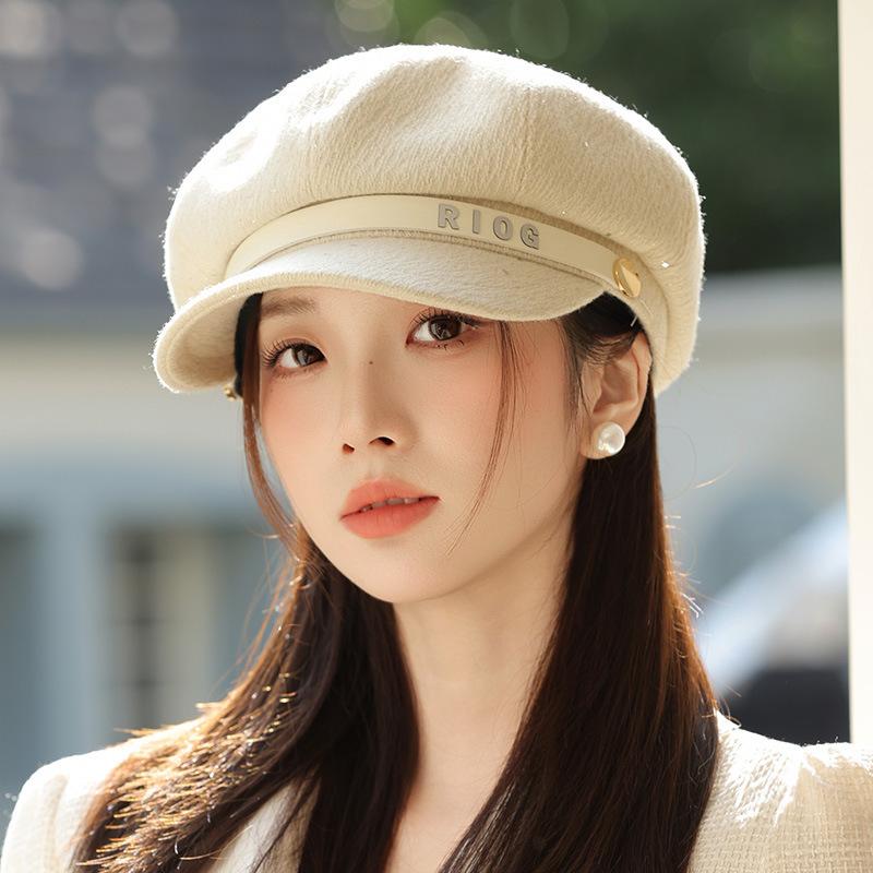 

Korean Versatile Letter Beret Autumn and Winter Casual Warm Hat for Women Retro British Belt Buckle Octagonal Painter Hat One Size