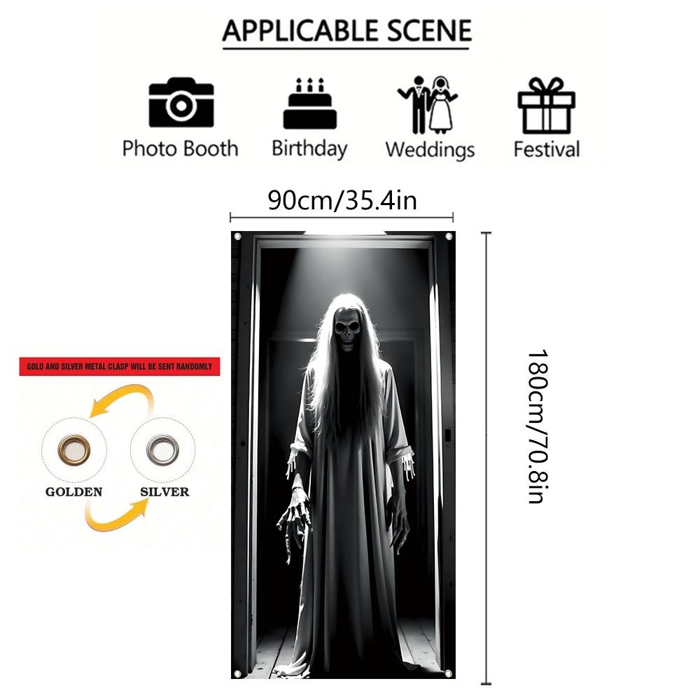 Halloween Horror Door Banner Long Haired Skeleton Ghost Haunted House Entrance Decor Spooky Theme Party Courtyard Ornament