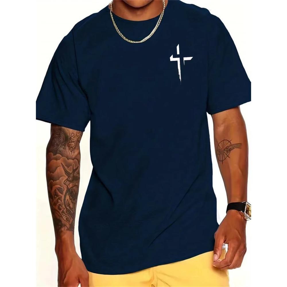 Summer Men's 100% Cotton Casual Loose Large Cross Faith Printed Sports Comfortable Round Neck Short Sleeve T-shirt Top