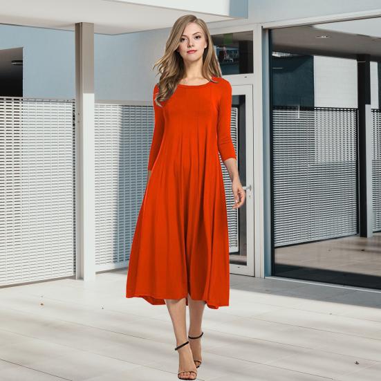 Dámské bavlněné swingové šaty ležérní 3/4 rukáv kulatý výstřih midi šaty volné plisované splývavé áčkového střihu tunikové šaty