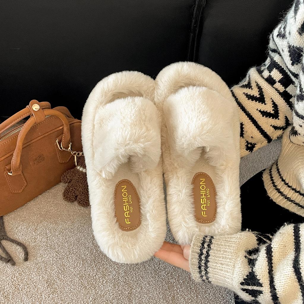 Queen Fan White French Thick-soled Fluffy Slippers Women's Outwear 2025 New Autumn and Winter Skirt Cotton Slippers