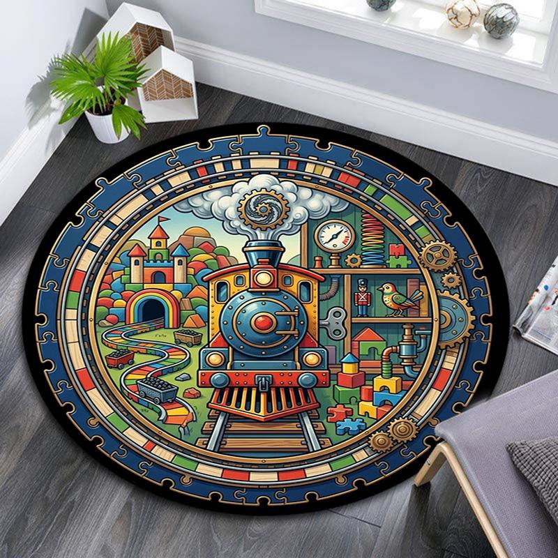 Steam Train Adventure Round Area Rug Under Office Chairs Bedroom Living Room Home Decor