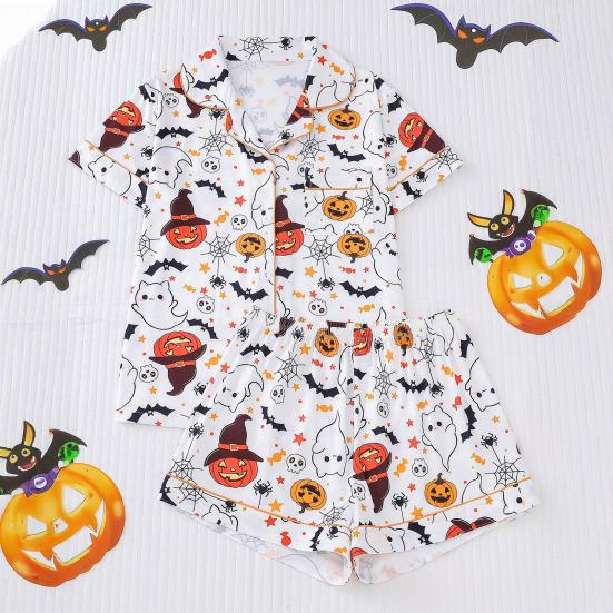 Halloween Women Pajamas Set Ghost Pumpkin Print Short Sleeve Button Down Shirts And Shorts Sleepwear Set 2 Piece Loungewear Pjs Short Set