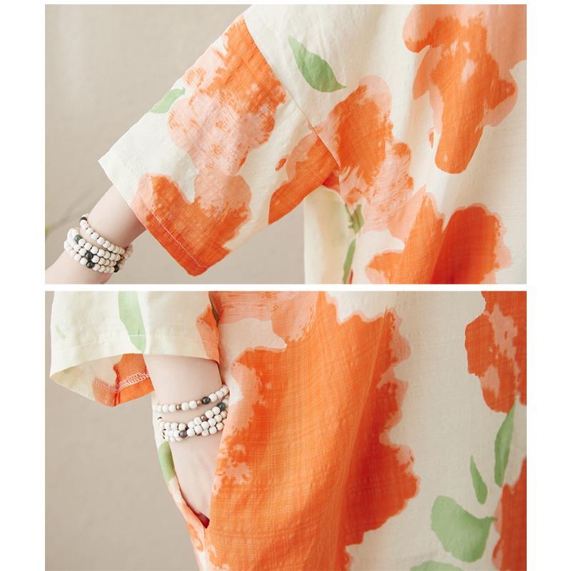 Dimanaf 2025 Plus Size New Summer Women Casual Linen Vintage Long Dress Flower Loose Printing Dress Maxi