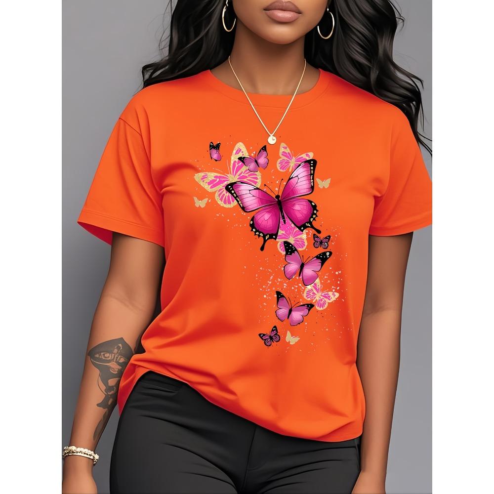 Plus Size Women's Round Neck Short Sleeve T-Shirt, Vibrant Butterfly Print for Spring and Summer