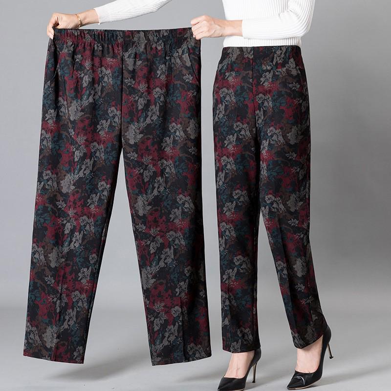 Women's Fleece-Lined Pants, Loose Straight Leg for Middle-Aged/Elderly, Patterned Plus Size, Mom's Style, Fit for All Seasons (Spring, Autumn, Winter)