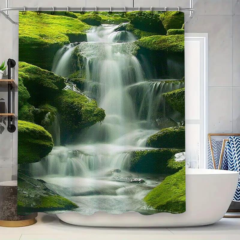 Scenic Waterfall and Mossy Rocks Waterproof Shower Curtain Heat Resistant Machine Washable Non-Transparent 180x180cm