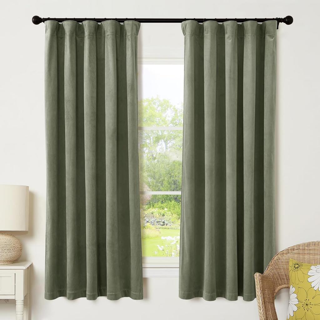 Rideaux en Velours Vert Sauge 84 pouces, Rideaux en Velours Super Doux Assombrissants pour Chambre