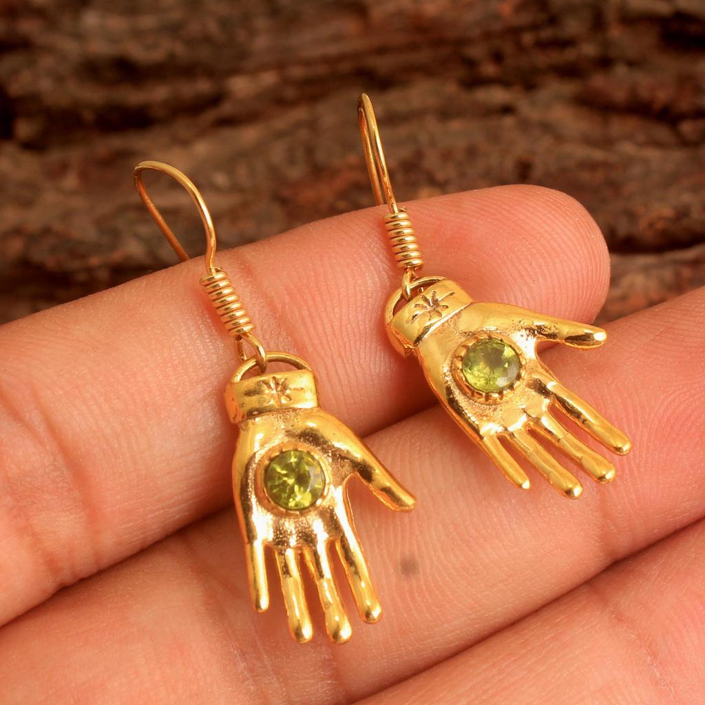 Gelbvergoldeter Peridot-Hamsa-Hand-Ohrring aus massivem 925er-Sterlingsilber, Statement-Schmuck