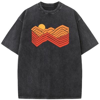 Men's Orange Mountain Short-Sleeved T-shirt Fashion Casual Washed T-Shirt Vintage Summer Cotton Bleached Tshirt