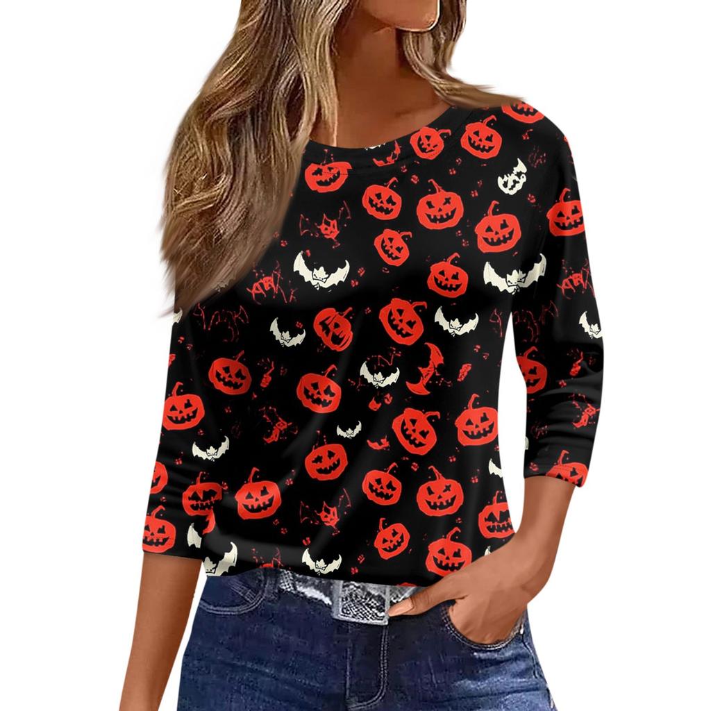Women's Fashion Casual Three-quarter Sleeve Halloween Printed Round Neck Top