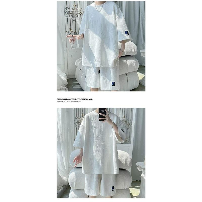 Men's Textured Letter Print Two-Piece Set Oversized Short Sleeve T-Shirt  Shorts Casual Streetwear