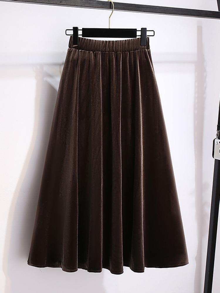 Plus Size High Waist Velvet A-Line Skirt for Women - Spring/Autumn Elastic Waist Slimming Long Skirt