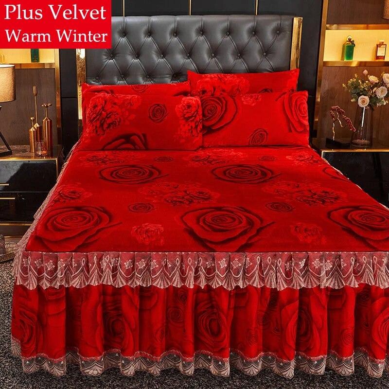 Warm Bed Skirt Crystal Velvet Thickened Bedspread Three Piece Set Flannel Bed Linens King Queen Size with Pillowcases