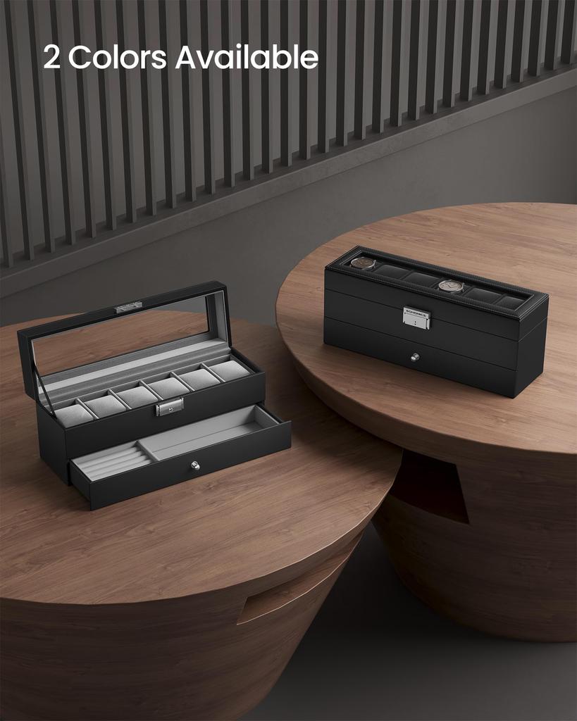 SONGMICS Watch Holds 6 PU Watch Collection Case with Large Glass Lid Removable Metal Accessory Perfect Day Gift for Men and JWB060B02 Case, Watches,