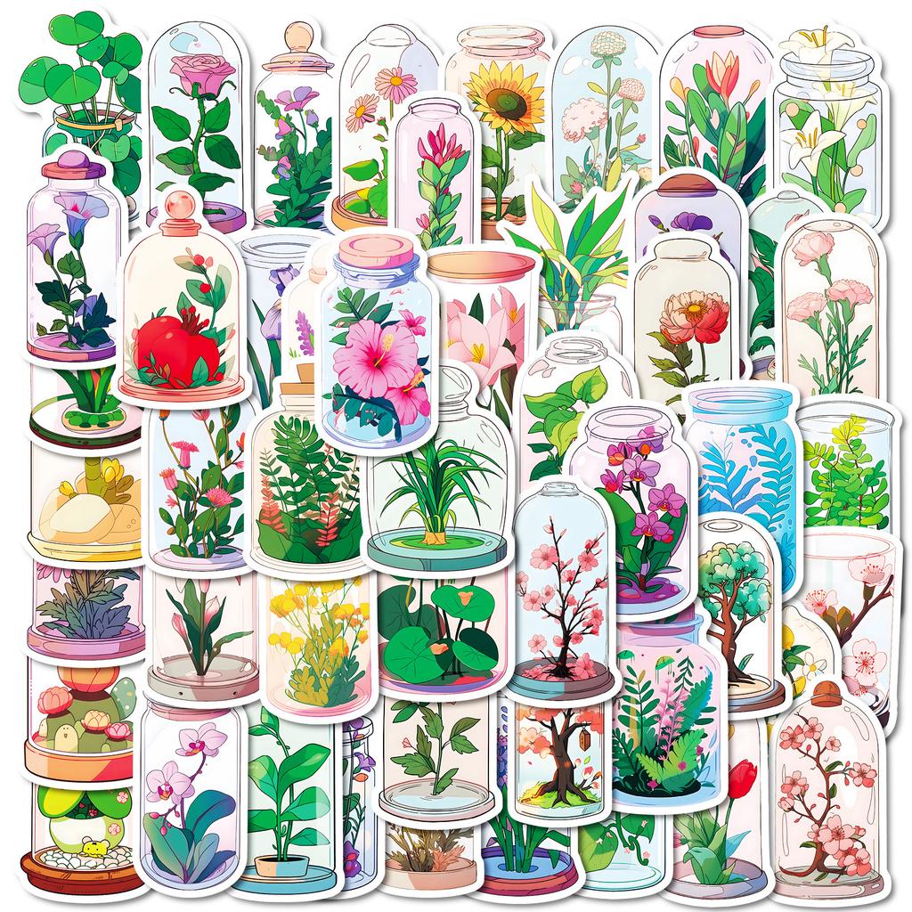 50 Cartoon Hand-Painted Romantic Glass Bottle Flower Theme Sticker Diy Creative Hand Account Decoration