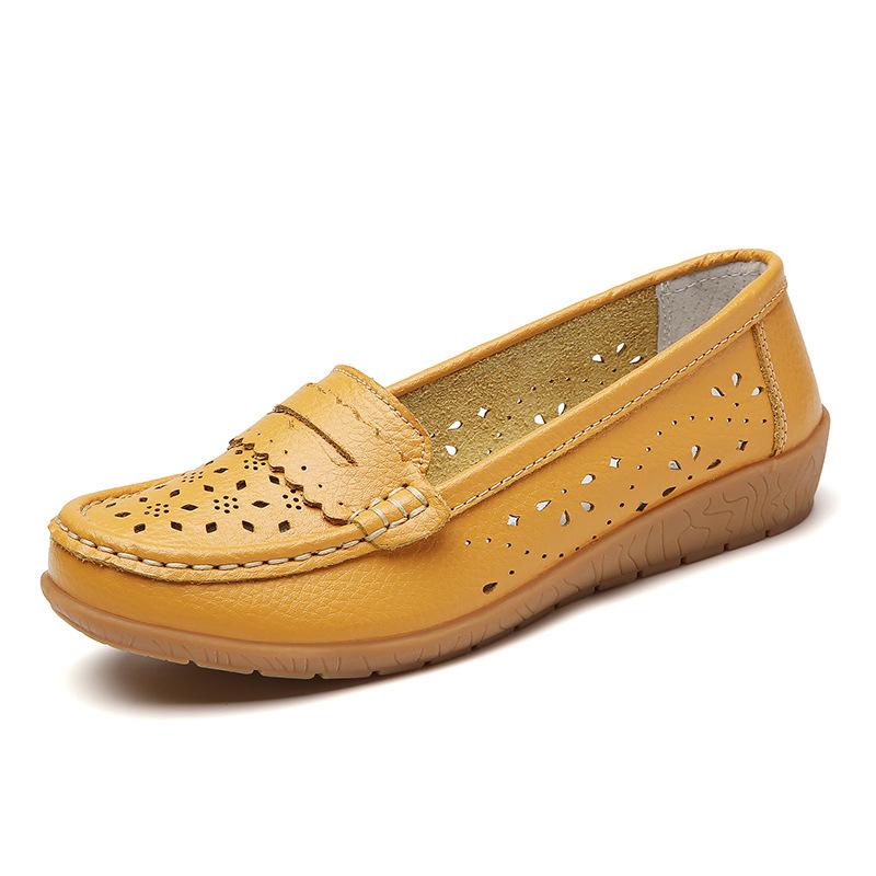 Spring new hollowed-out leather shoes medium and old women's single shoes, female real soft-soled wedges
