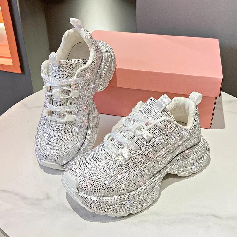 Women Sneakers Spring Lace-Up High Heel Platform Lace Up Silver Crystal Casual Working Shoes Wearing Night Running Shoes Outside