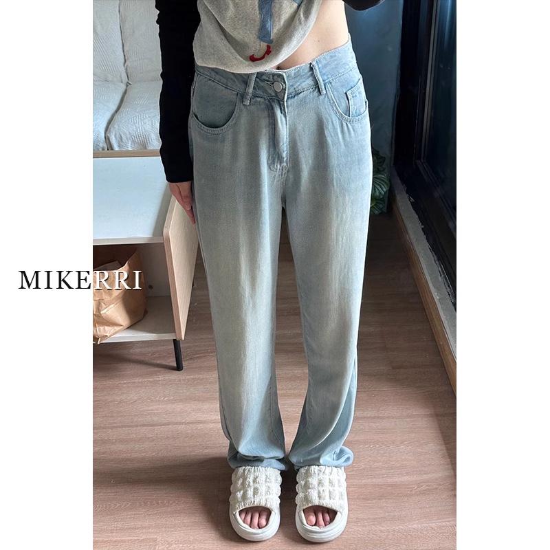 

Женские джинсы большого размера из тенселя светло-голубого цвета с высокой посадкой и широкими штанинами - Летние стройнящие брюки в пол S