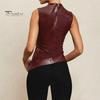 Moda damska kamizelka motocyklowa kołnierz z kołnierzykiem bez rękawów dekoracje na zamek błyskawiczny topy nieregularny brzeg rozciągliwy top ze sztucznej skóry