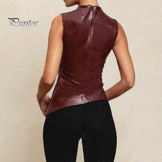 Moda damska kamizelka motocyklowa kołnierz z kołnierzykiem bez rękawów dekoracje na zamek błyskawiczny topy nieregularny brzeg rozciągliwy top ze sztucznej skóry