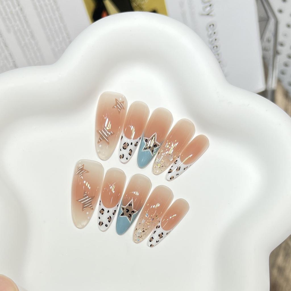 10Pcs Leopard Print Press On Nails Long Oval Design French Elegant Gradient Tips For Women Natural Fit