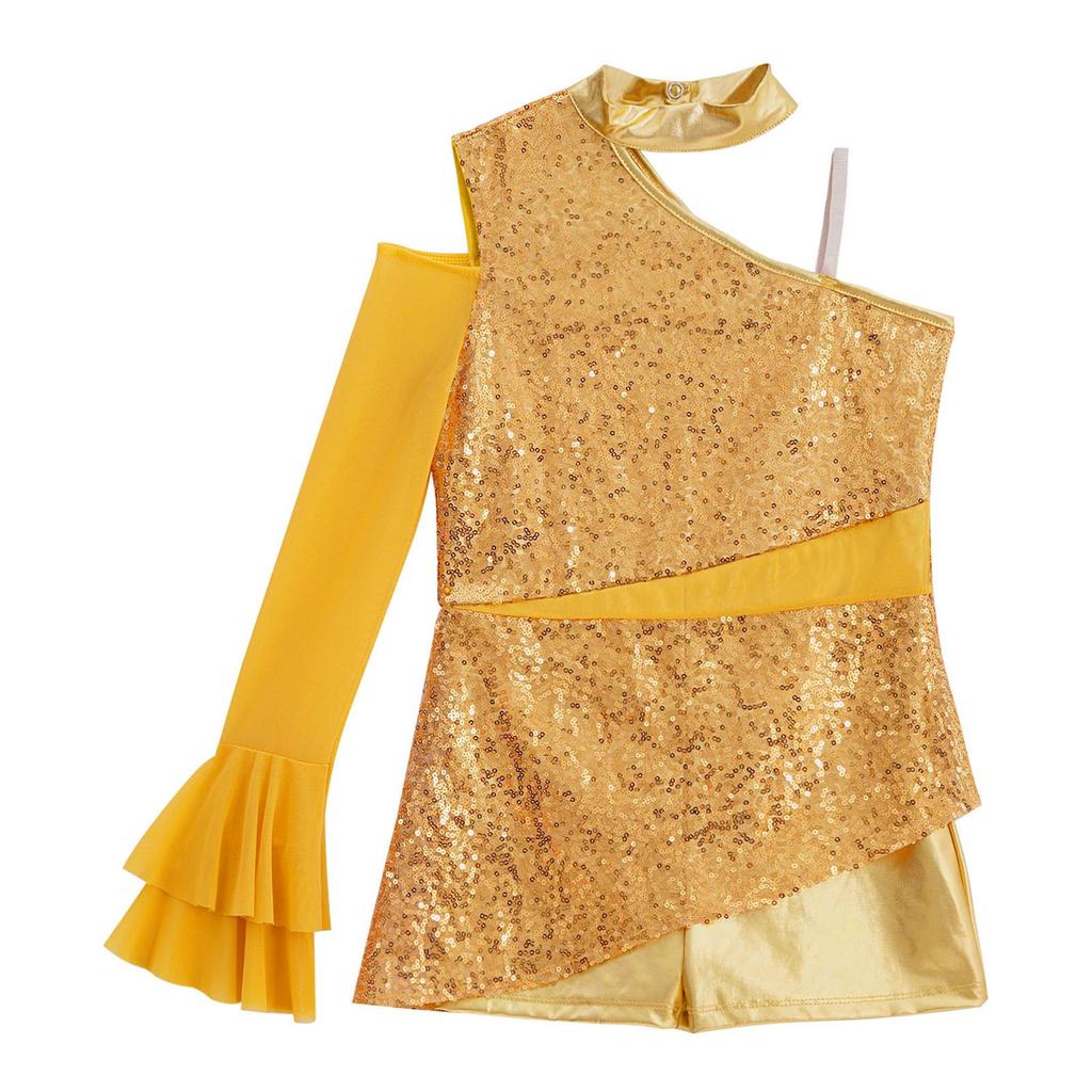 Mädchen Peplum Turnanzug Tanzkostüm Asymmetrisches Kalt-Schulter-Design mit transparenten Mesh-Rüschenärmeln Body
