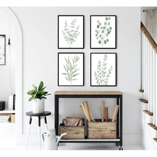 4Pcs Eucalyptus Botanical Wall Art Sage Green Bathroom Pictures Watercolor Mint Green Plant Leaves Poster Print Modern Minimalist Aesthetics Canvas