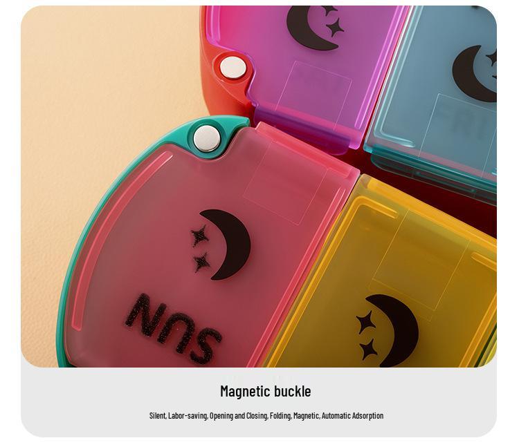 14-Grid Weekly Rainbow Magnetic Foldable Pill Organizer – Moisture-Proof, Portable, Compartmentalized Medicine Dispenser