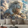 Majestic White Lion Tapestry Wall Hanging, Red Eyed Flying Lion In Clouds, Fantasy Animal Print Home Decor For Living Room