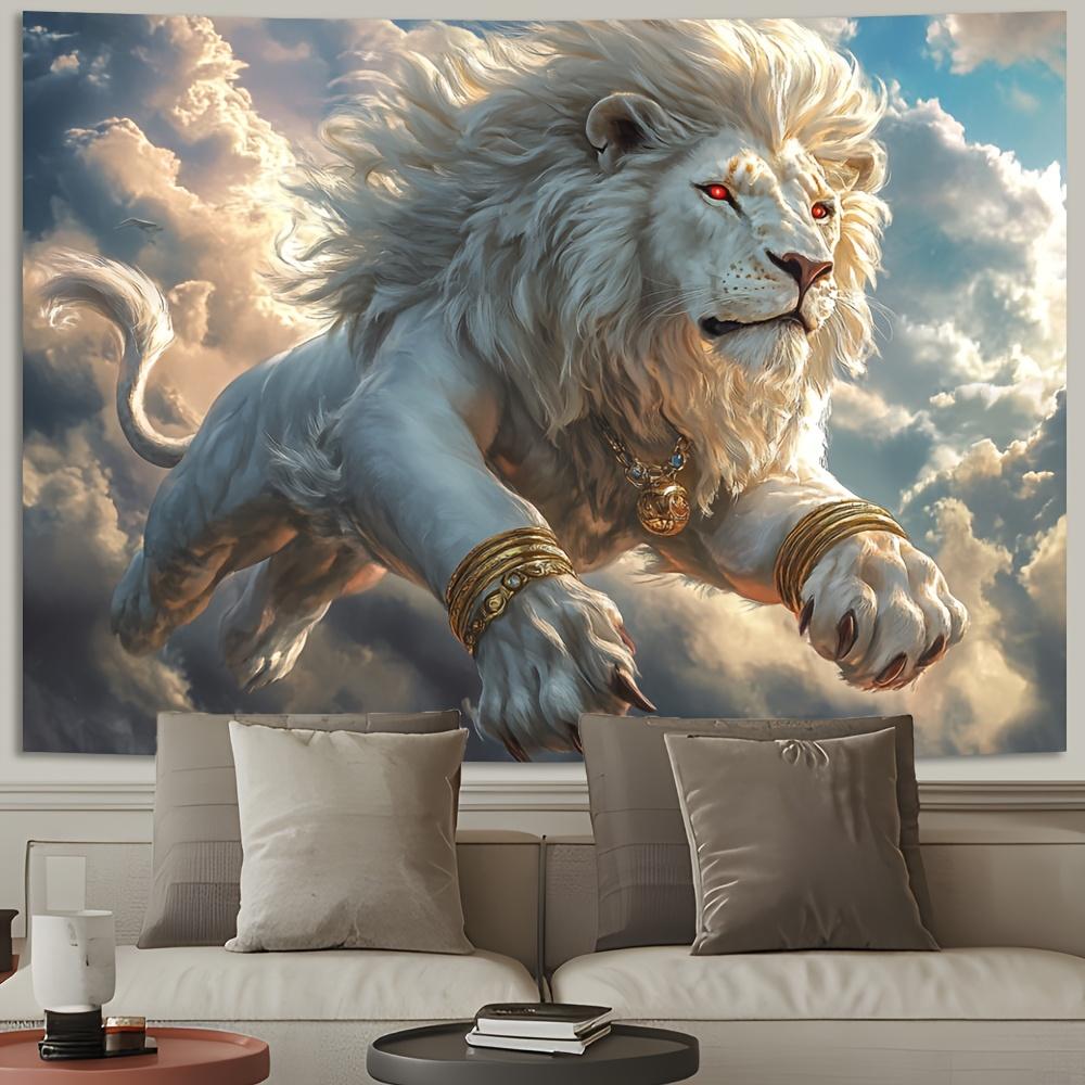 Majestic White Lion Tapestry Wall Hanging, Red Eyed Flying Lion In Clouds, Fantasy Animal Print Home Decor For Living Room