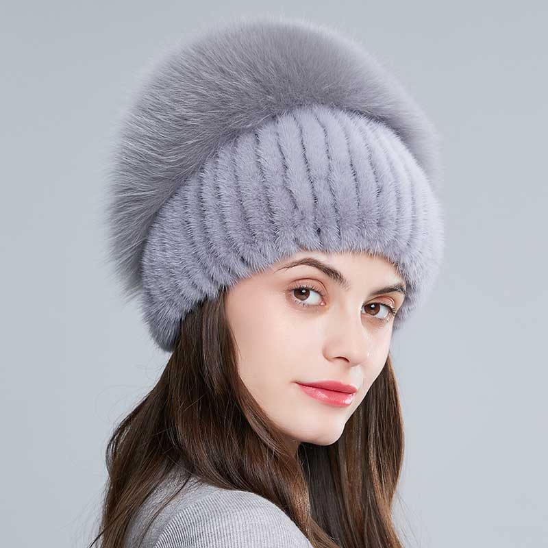 Fox Fur Pom Beanie Hat Real Mink Fashion Warm Winter Knitted Hats for Women Real Fur Beanie Hat With Fox Fur Pom