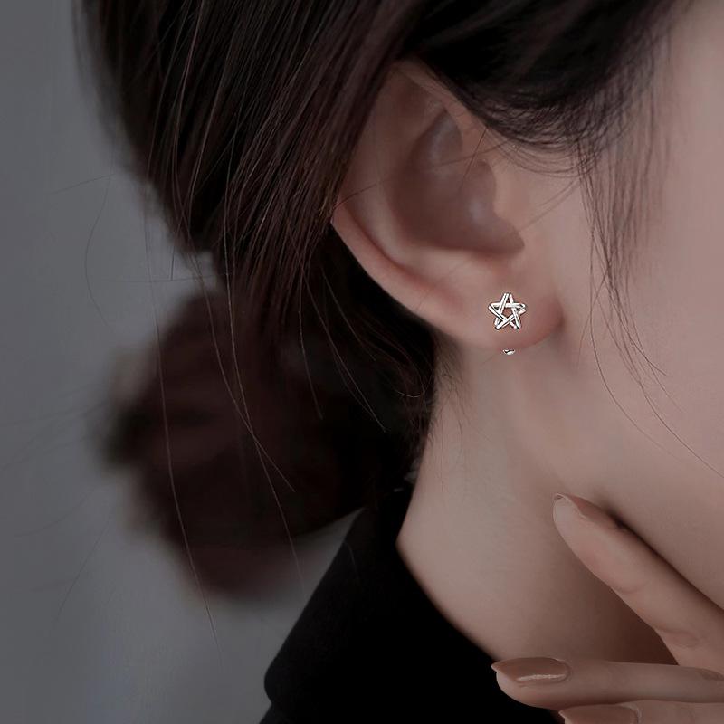 S925 Silver-plated Stud Earrings Hollowed Out Five-pointed Star Stud Earrings Women's Personality Line Braided Screw Screw Buckle Star Earrings