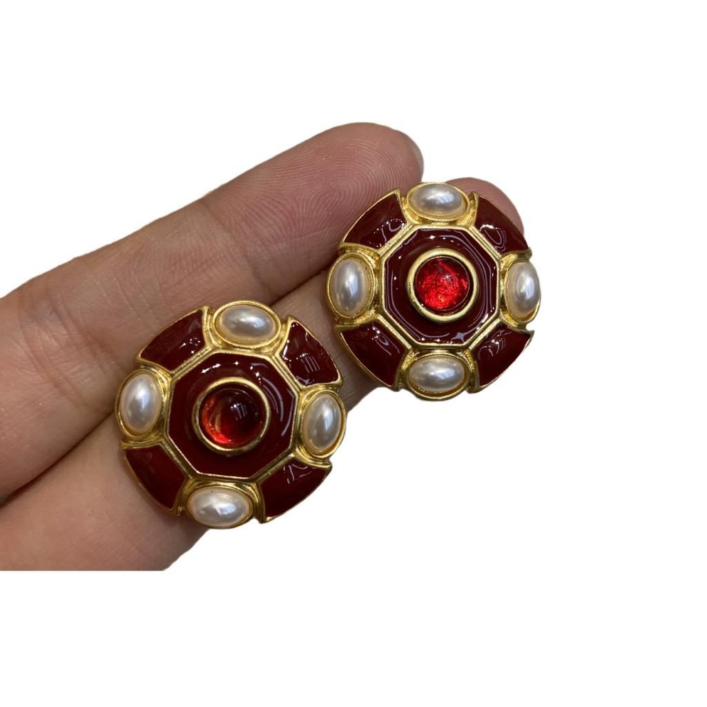 Emaille Öltropfen Farbbeständigkeit Neujahrsrot Vergoldet Rund Glasierte Ohrstecker Französisch Mittelalterlich Retro Weihnachts-Ohrringe