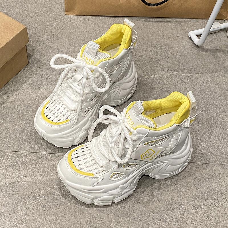 Fashion New 2025 Chunky Leather Sneakers Summer Lace-up Casual Vulcanized Shoes Woman High Platform Breathable Mesh Sport Dad Shoes 10CM