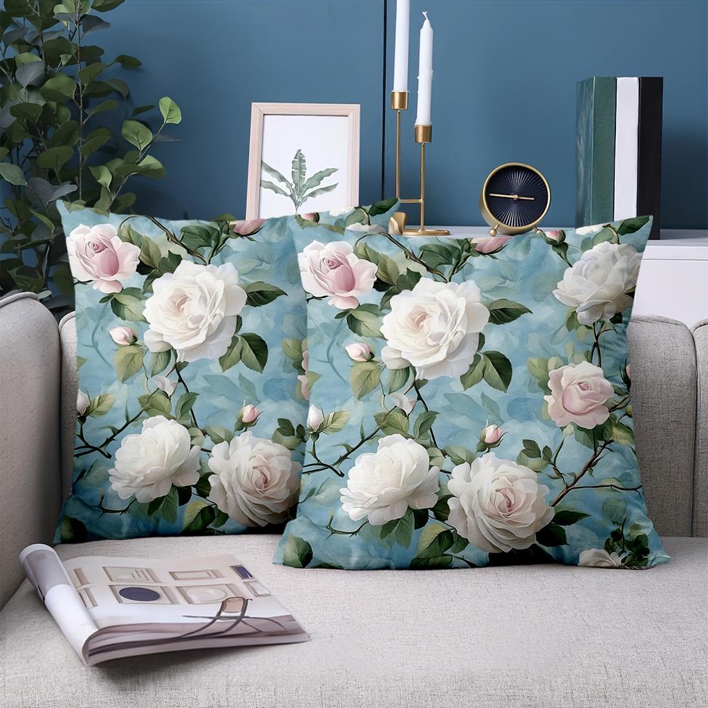 1 pieces -2D flat printing Blue Floral Rose Patterned Decorative Throw Pillows Polyester pillowcase, sofa decorative cushion cov