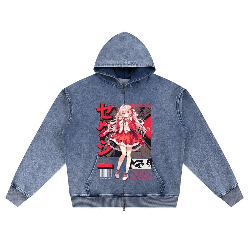 DTG Print Knitted Denim Zip-Up Hoodie Angel Streetwear Brother Print Zipper Hoodies  