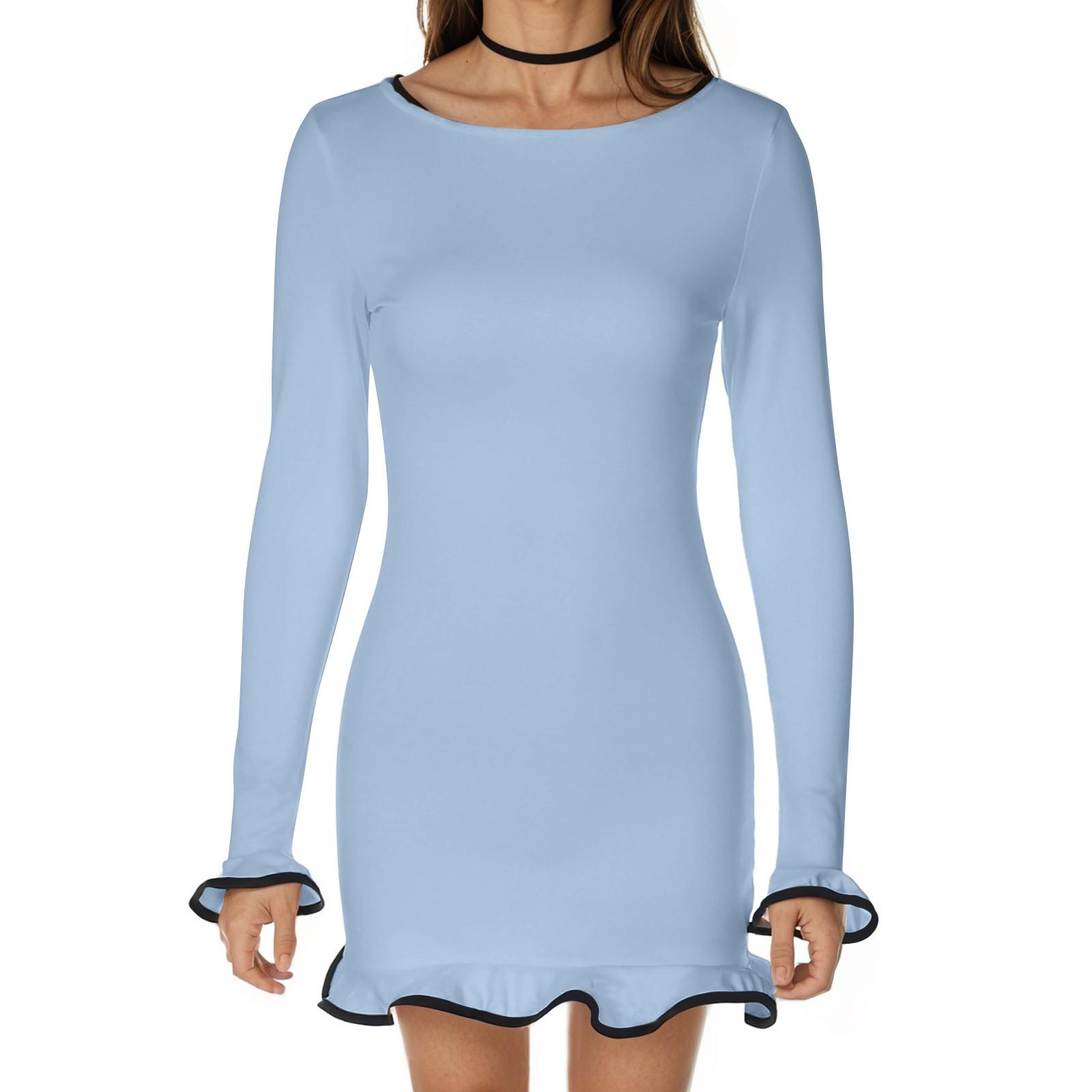 

Женское однотонное сексуальное обтягивающее короткое платье с оборками, трикотажная юбка с загнутым подолом и длинными рукавами M синий