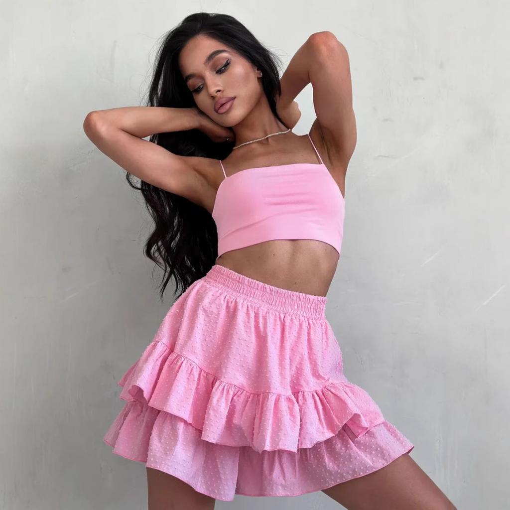 Summer High Waist Cotton Ruffle Hem Shorts Skirt, Solid Polka Dot Korean Style Casual Shorts for Women European American Fashion