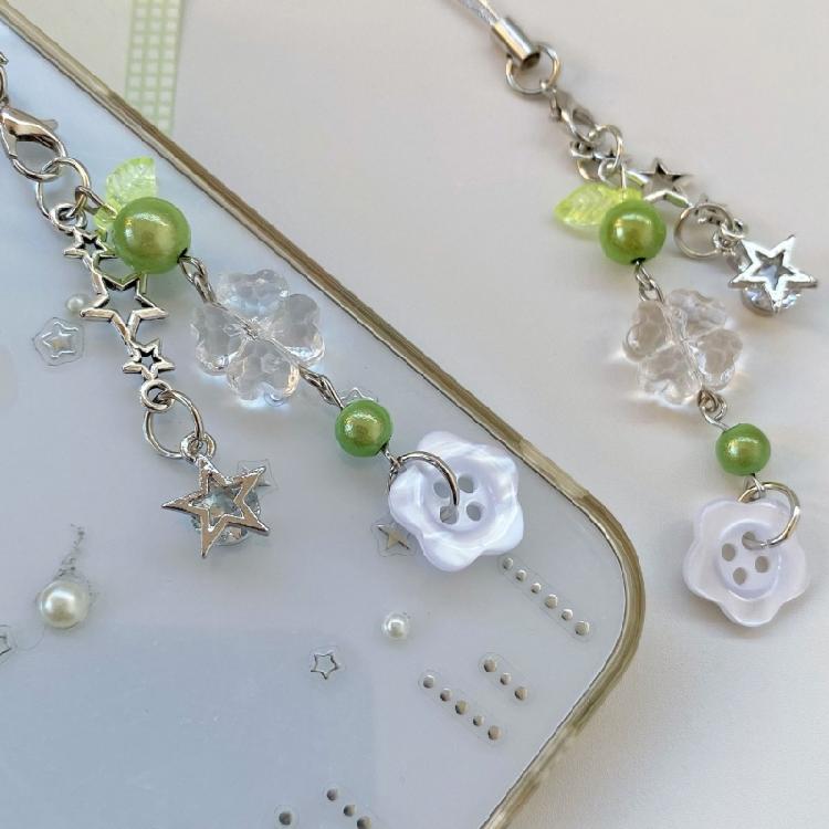 Glücksbringer Schlüsselanhänger mit grünen Vierblättrigen Kleeblatt Perlen Koreanisch Inspirierte Mode Handy-Gurt Zubehör Für Den Täglichen Gebrauch